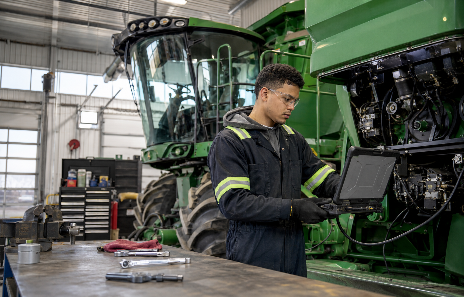 Agricultural Equipment Technician working safely in a representative workplace