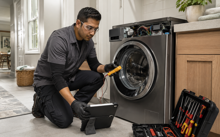 Appliance Service Technician working safely in a representative workplace