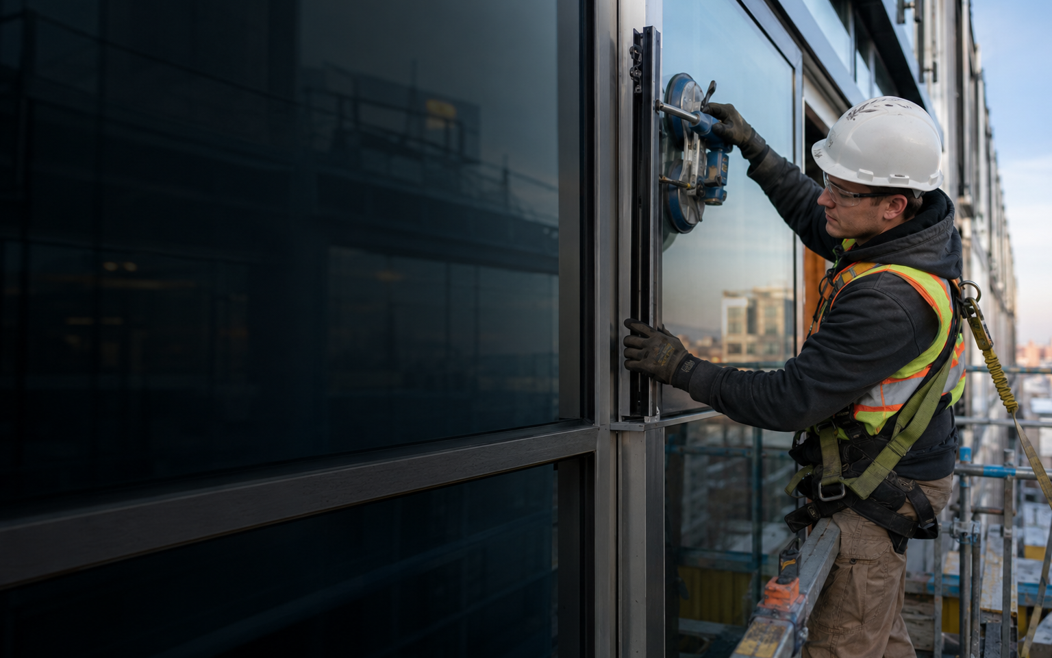 Architectural Glass and Metal Technician working safely in a representative workplace