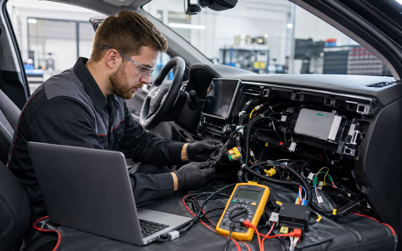 Automotive Electronic Accessory Technician working safely in a representative workplace