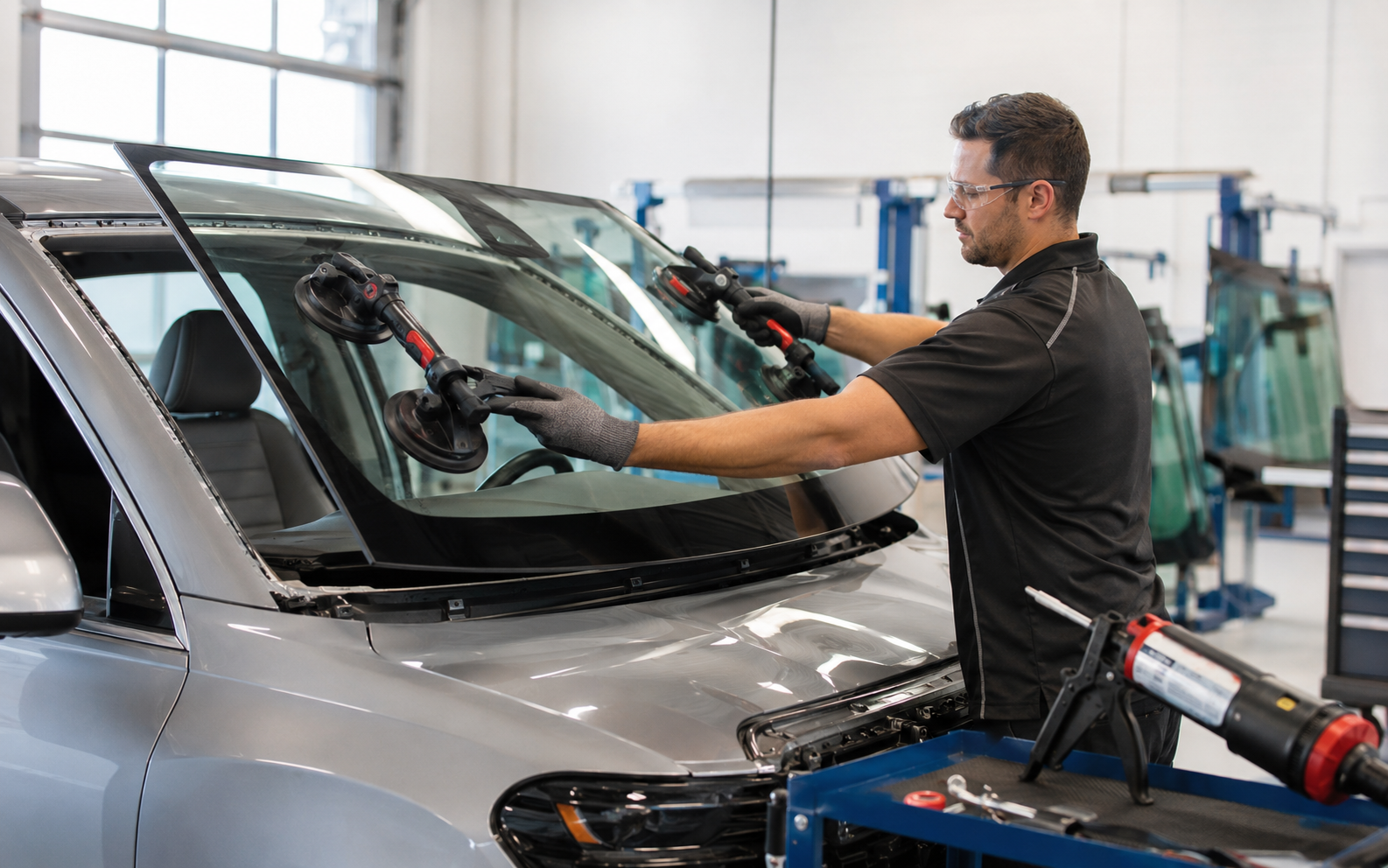 Automotive Glass Technician working safely in a representative workplace