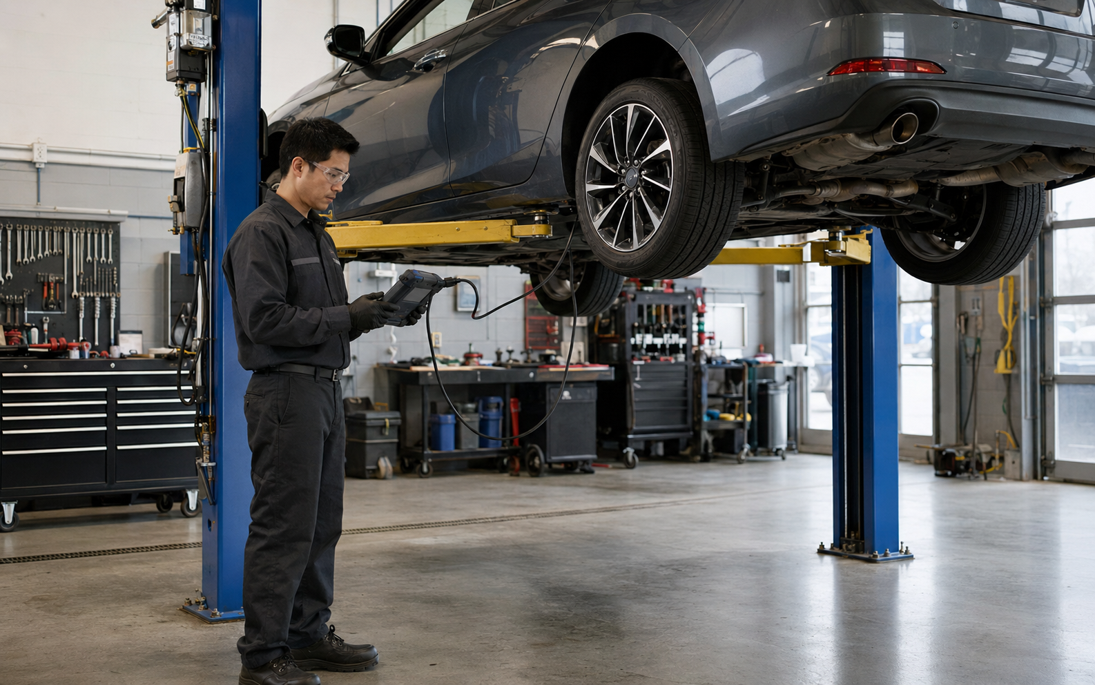 Automotive Service Technician working safely in a representative workplace