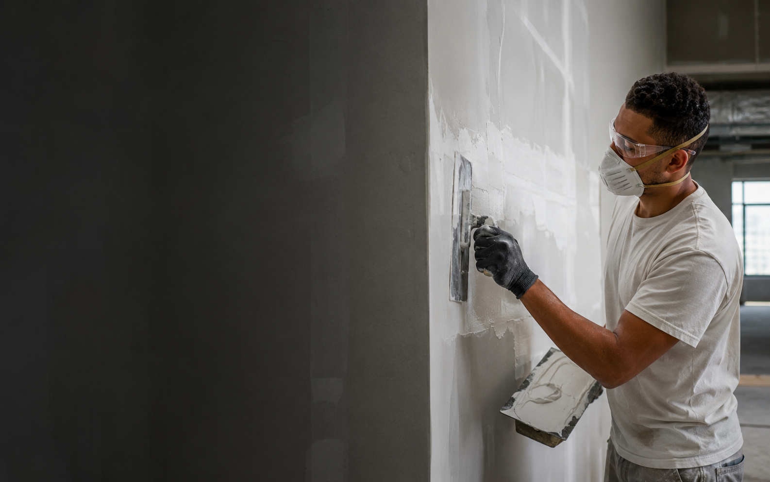 Drywall Finisher and Plasterer working safely in a representative workplace