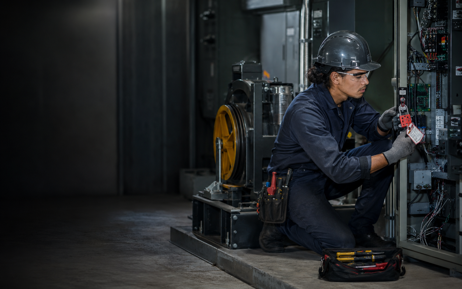 Elevating Devices Mechanic working safely in a representative workplace
