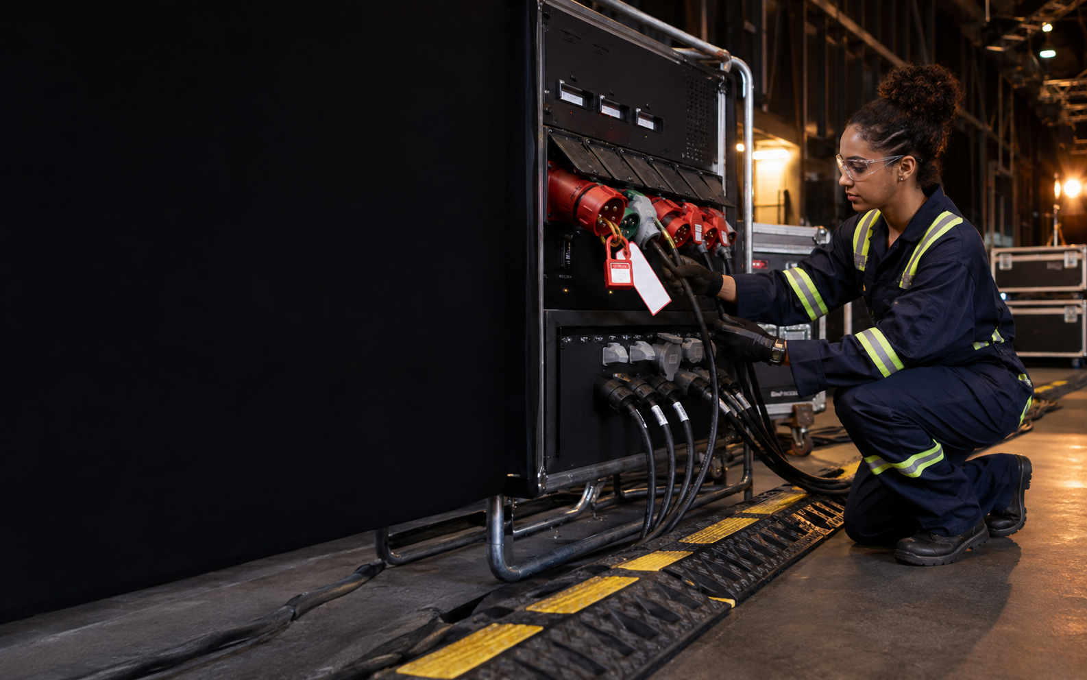 Entertainment Industry Power Technician working safely in a representative workplace