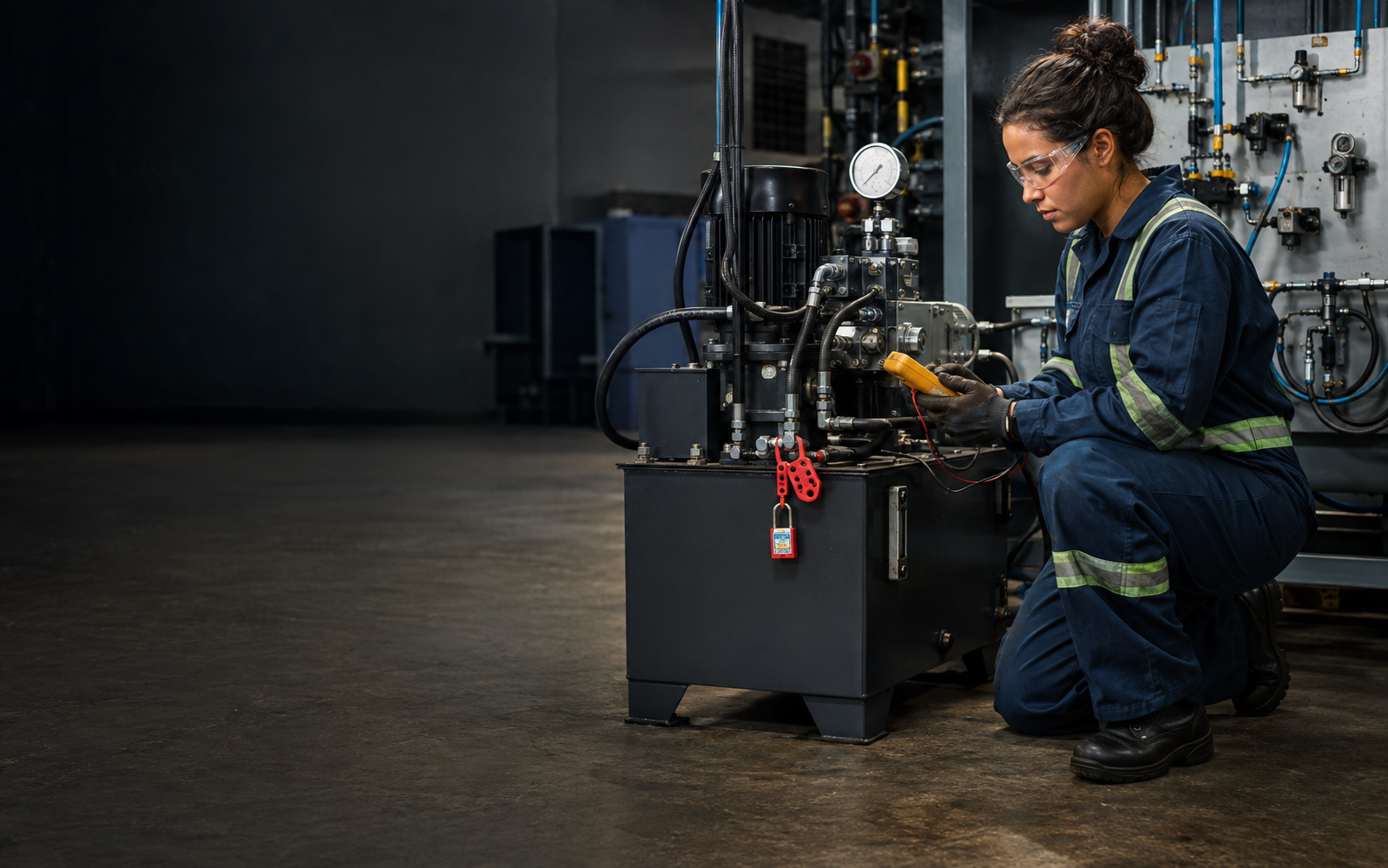 Hydraulic/Pneumatic Mechanic working safely in a representative workplace