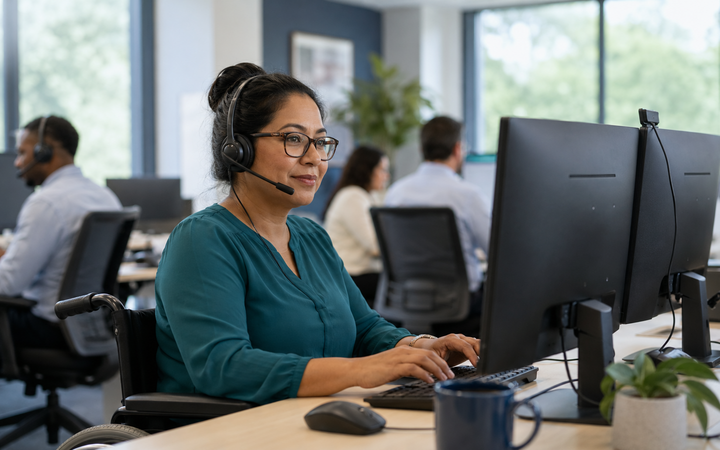 Information Technology – Contact Centre Customer Service Agent working safely in a representative workplace