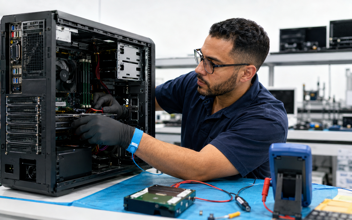 Information Technology – Hardware Technician working safely in a representative workplace