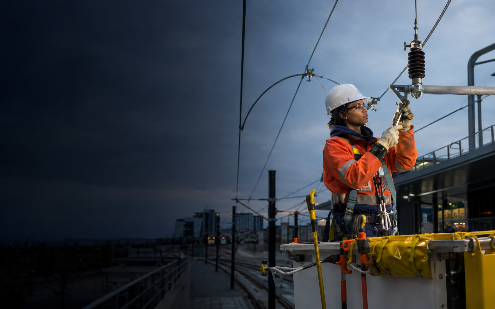 Light Rail Overhead Contact Systems Linesperson working safely in a representative workplace
