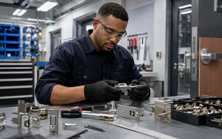 Locksmith working safely in a representative workplace