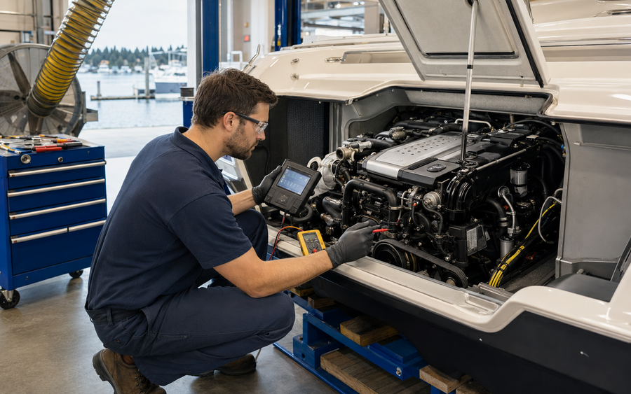 Marine Engine Technician working safely in a representative workplace