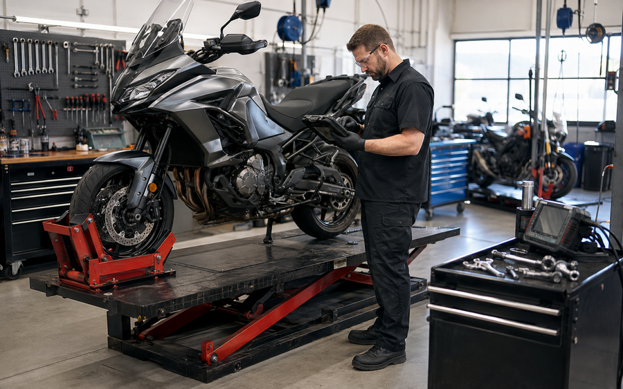 Motorcycle Technician working safely in a representative workplace