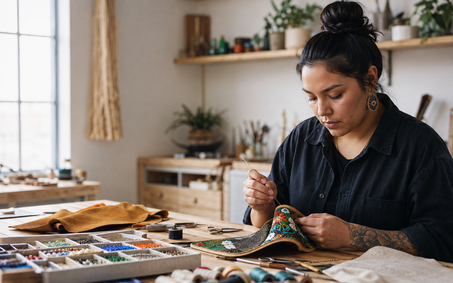 Native Clothing and Crafts Artisan working safely in a representative workplace