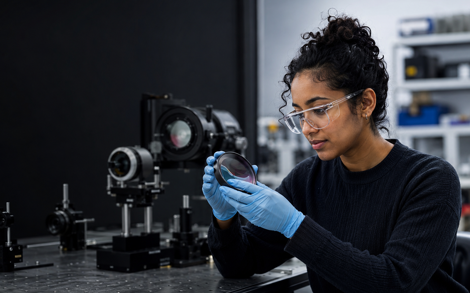 Optics Technician (Lens and Prism Maker) working safely in a representative workplace