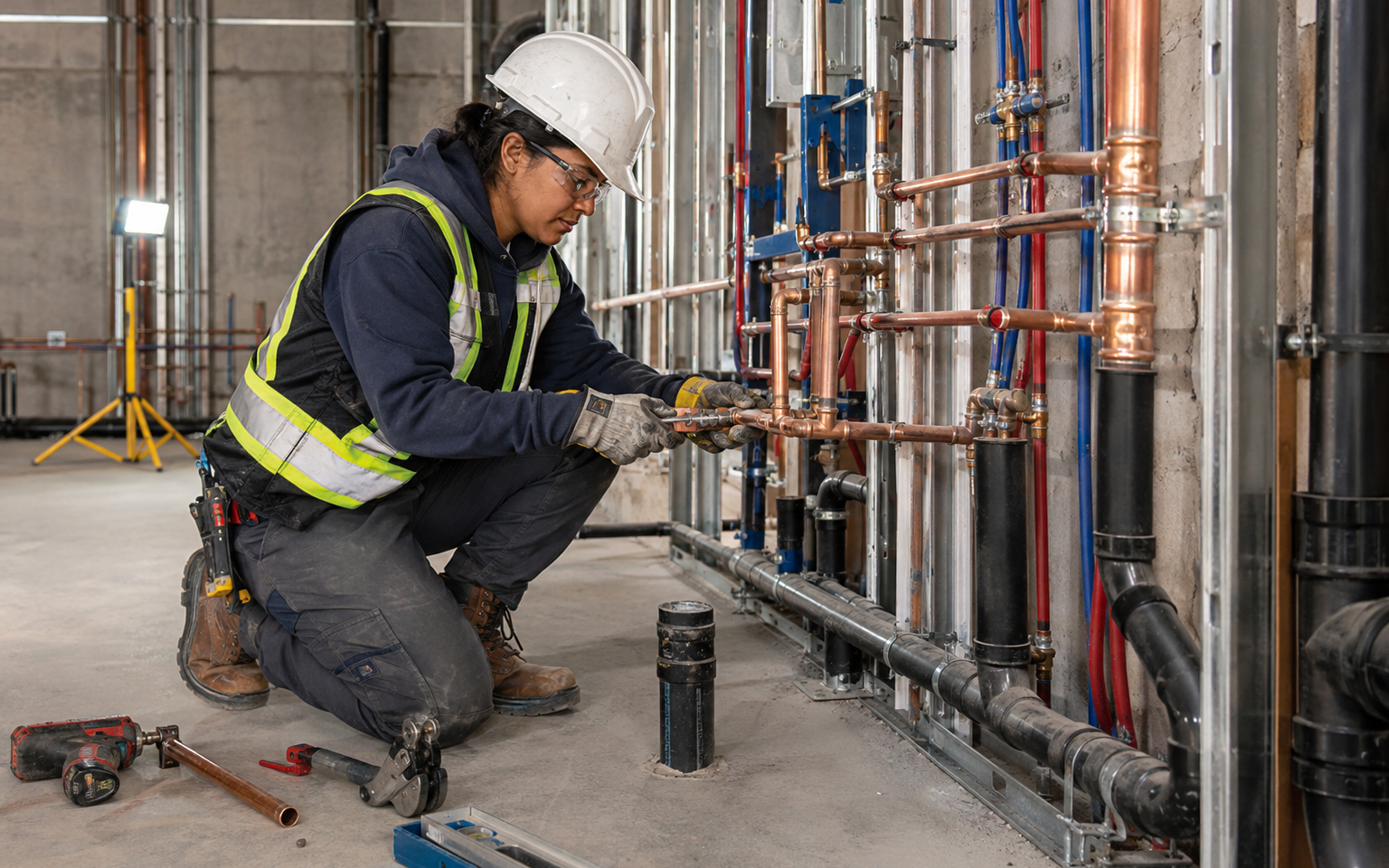 Plumber working safely in a representative workplace