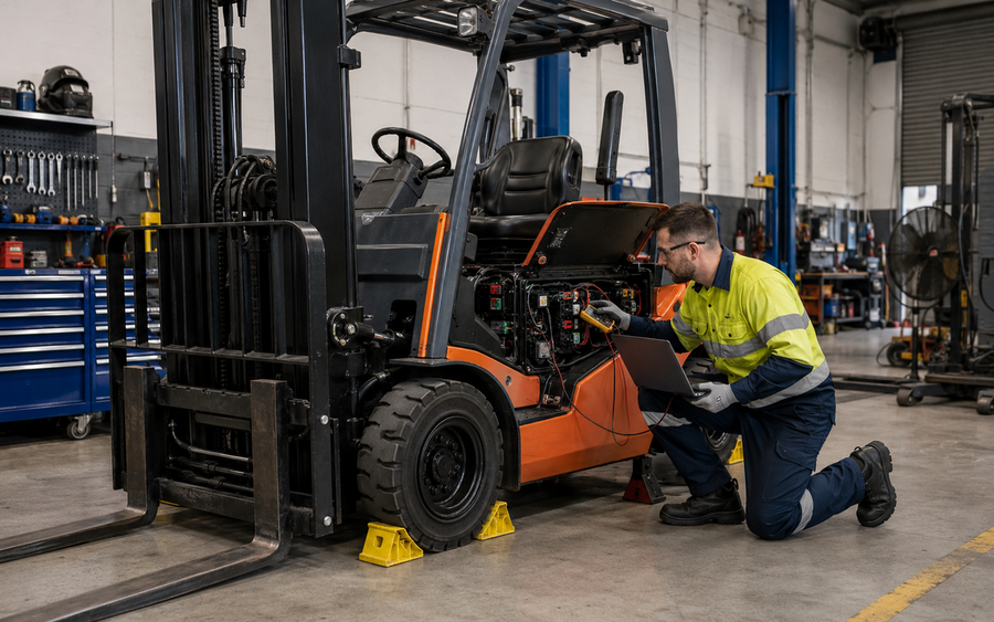 Powered Lift Truck Technician working safely in a representative workplace
