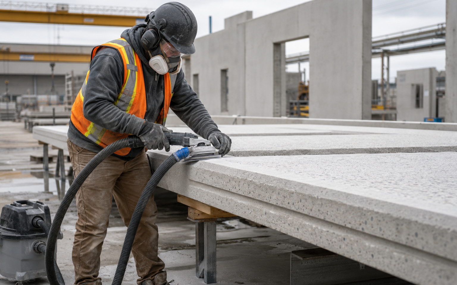 Precast Concrete Finisher working safely in a representative workplace