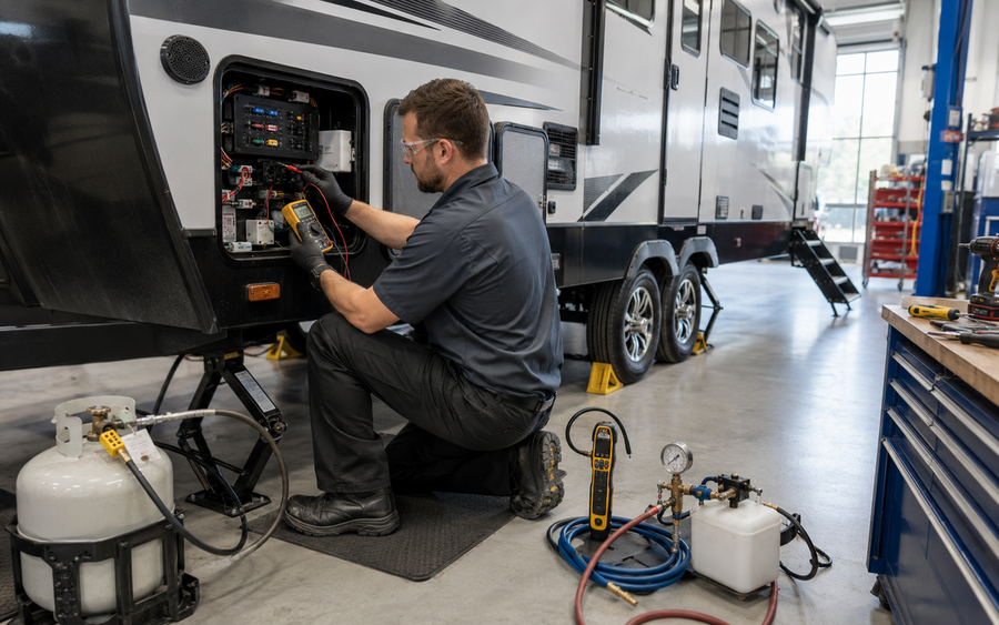 Recreation Vehicle Technician working safely in a representative workplace