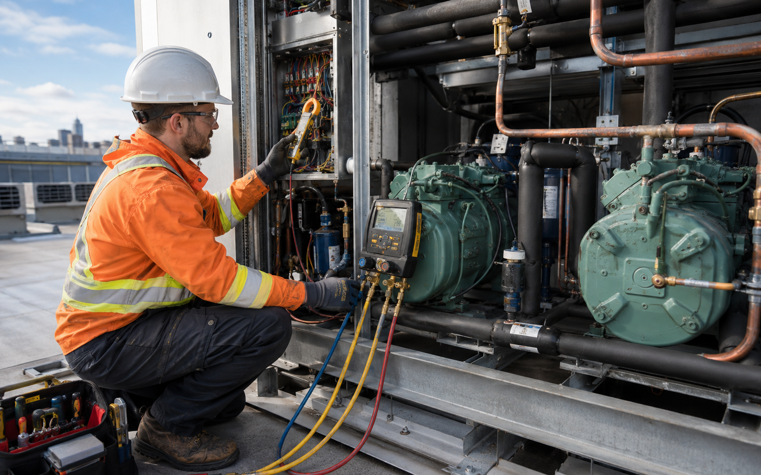 Refrigeration and Air Conditioning Systems Mechanic working safely in a representative workplace