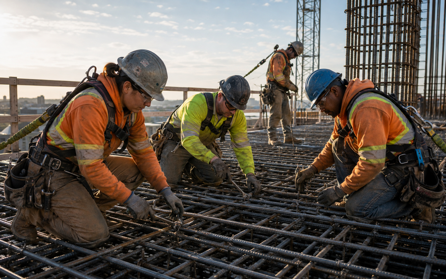 Reinforcing Rodworker working safely in a representative workplace