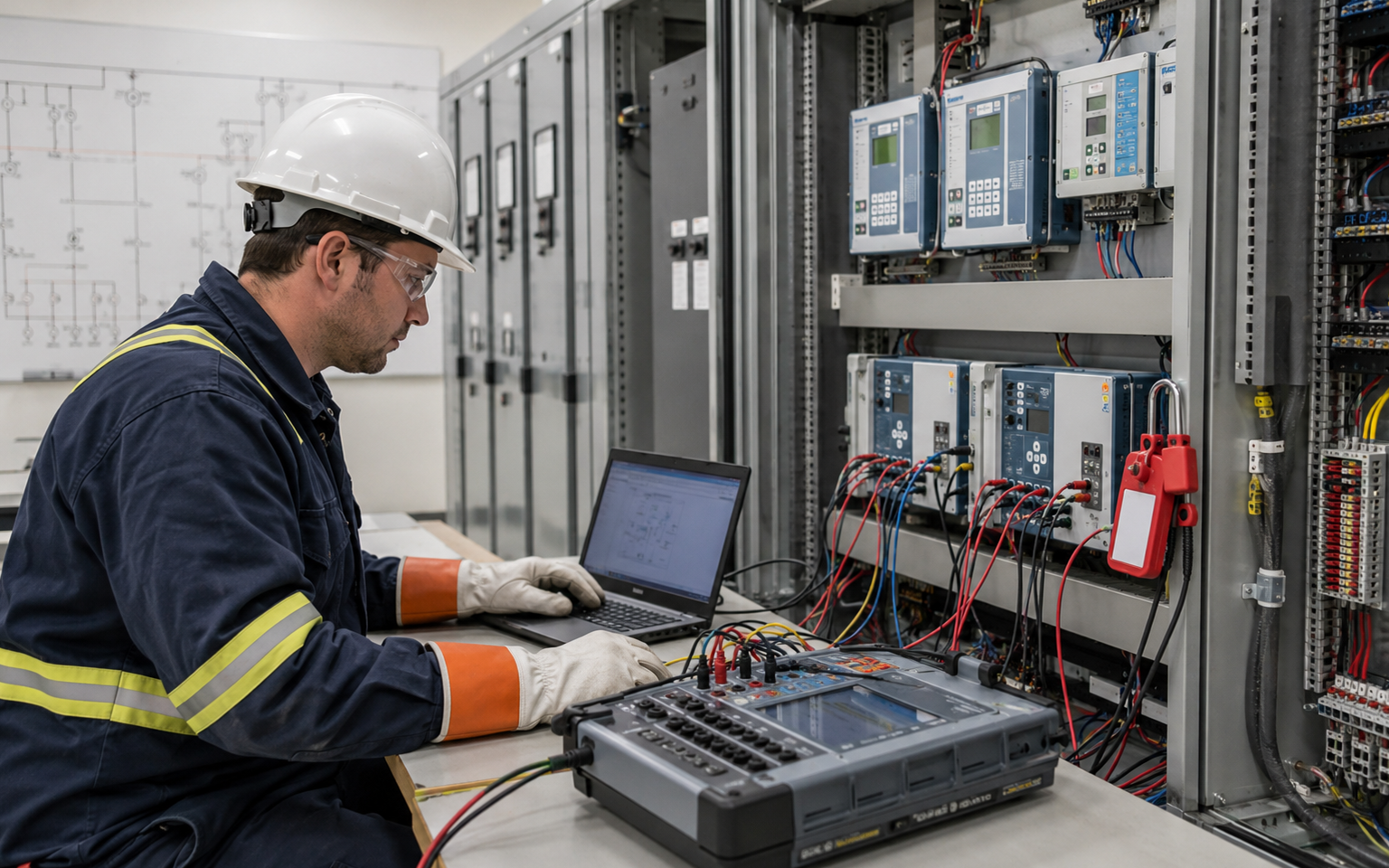 Relay and Instrumentation Technician working safely in a representative workplace
