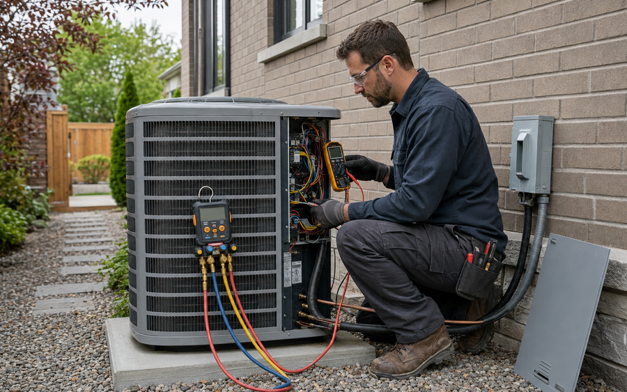 Residential Air Conditioning Systems Mechanic working safely in a representative workplace