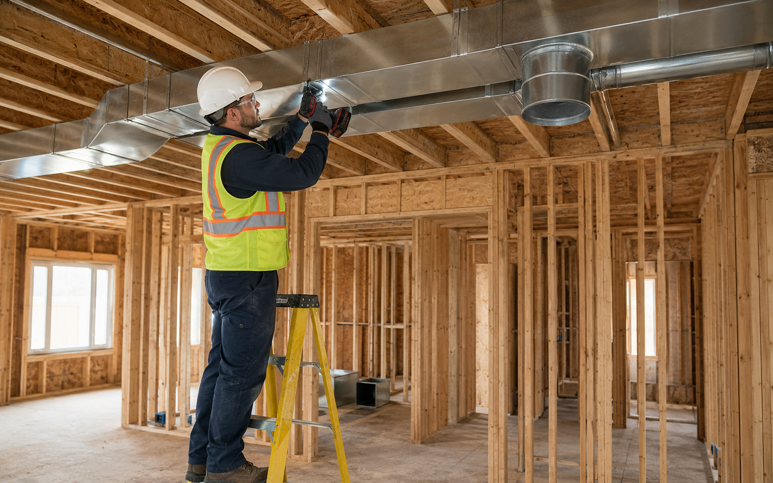 Residential (Low Rise) Sheet Metal Installer working safely in a representative workplace