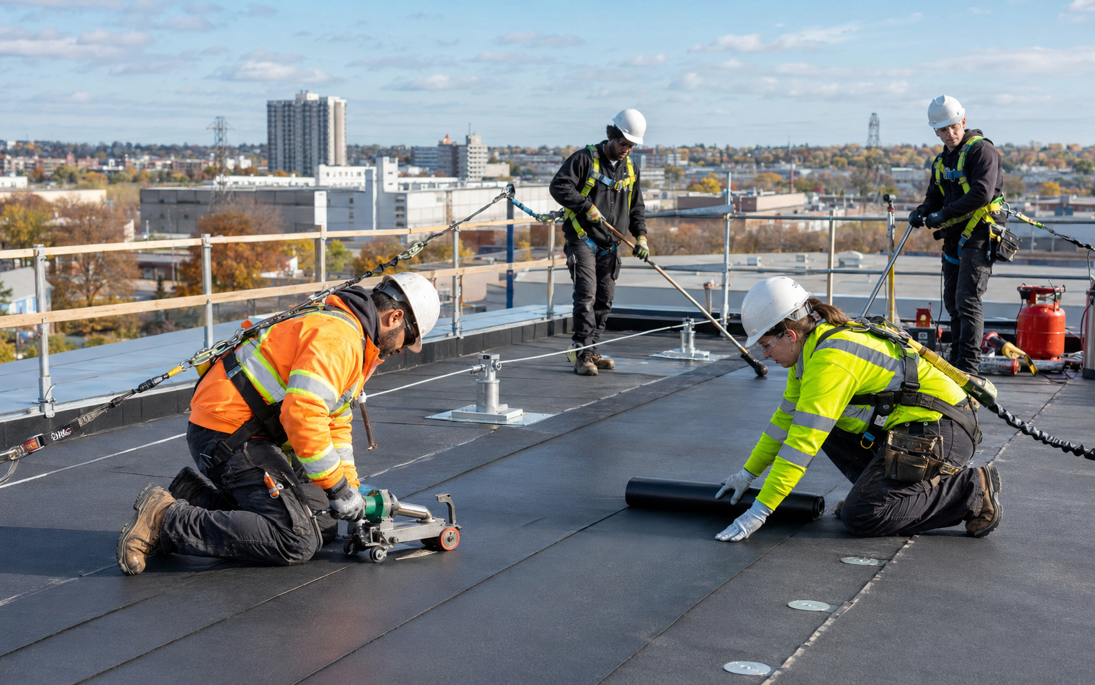 Roofer working safely in a representative workplace