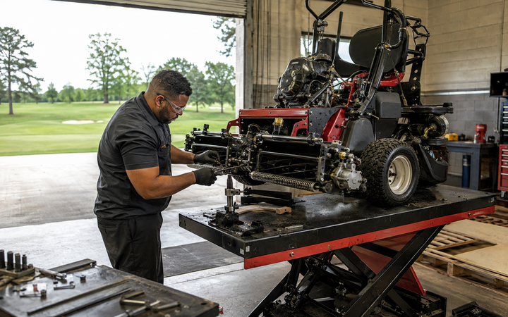 Turf Equipment Technician working safely in a representative workplace
