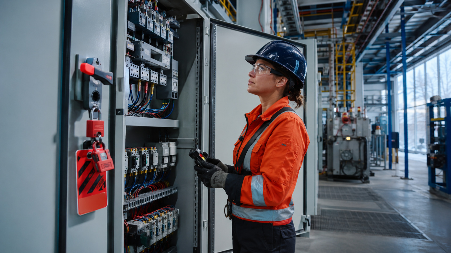 Industrial electrician safely inspecting an isolated motor-control cabinet in a manufacturing plant